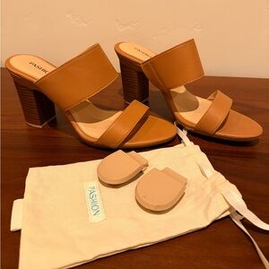 Pashion Footwear “The Slide” Tan Block Heels